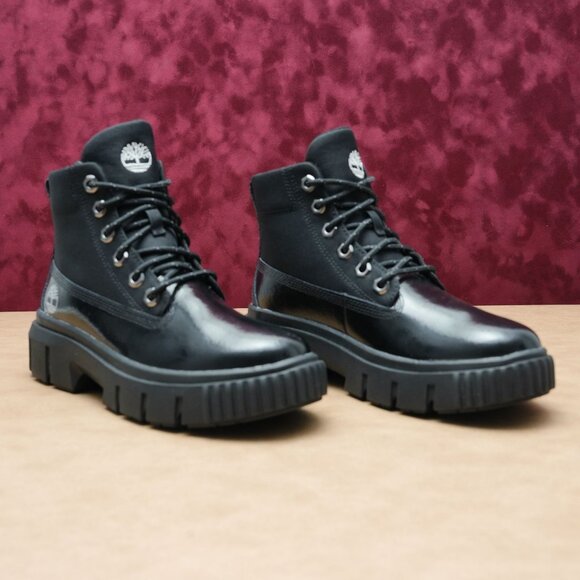 Timberland Women Greyfield Black Canvas Patent Leather Lace-up Stomp Boots sz 7 - Picture 1 of 8